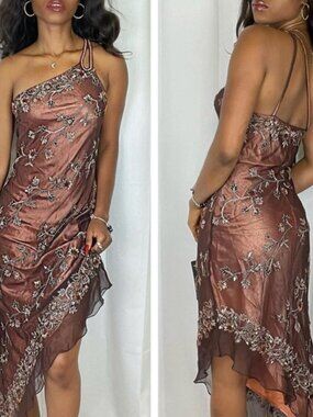 Vintage Scala 100% Silk Beaded Assymetrical Dress Large